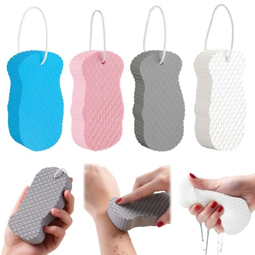 Peeling Schwamm, Peeling Schwamm Körper, 4 Stück Duschschwamm Körper in Weiß, Grau, Blau und Rosa, 12,8 x 6 x 2,5 cm, Ideal für tägliche Körperpflege und Hautpeeling