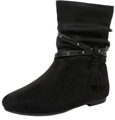 Generisch 2026 stivaletti da donna casual camoscio con frange per uso quotidiano, comodi stivali con tacco basso punta chiusa, jeans perfetti per l'inverno, Nero , 39 EU