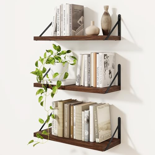 Feihorrm 3er Set Bücherregal, Wandregal Walnuss, Regal 40cm Breit | Wandregal Holz, Bücherregal Wand, Regale für Wände, Bücherregal Holz für Wohnzimmer, Schlafzimmer & Arbeitszimmer
