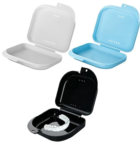 MUNZE 3 Pezzi Contenitore Protesi Dentale Nero Bianco Blu - Custodia Apparecchi 8,0X7,8X2,8Cm