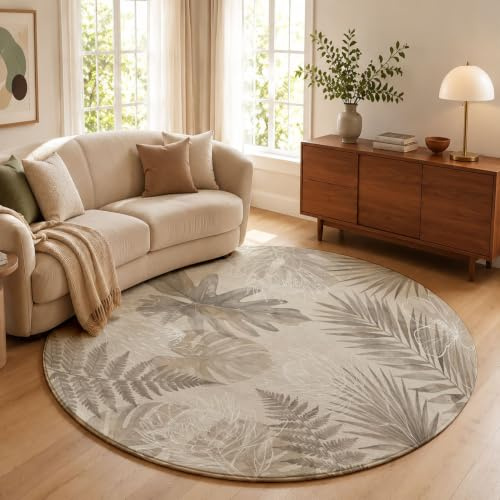 MLSOWM Tappeto Rotondo Retrò Effetto Invecchiato 160cm Tappeto a Pelo Corto Monstera Deliziosa Morbido Lavabile in Lavatrice Antiscivolo Tappetino Decorativo per Soggiorno Scendiletto Ufficio, Beige