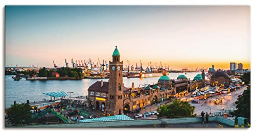 ARTLAND Wanddeko Leinwand Bilder Wandbild 100 x 50 cm Maritim Hamburg Skyline Hafen Elbe Kräne Turm Uhr Landungsbrücken S8PM