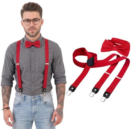 DonDon Set di bretelle eleganti e papillon per uomo e donna, forma a Y, larghezza 2,5 cm, fatto a mano - Accessorio elegante per matrimonio, festa, smoking - Rosso