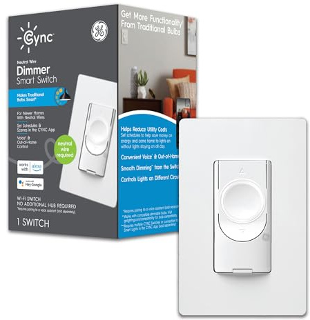 GE CYNC Smart Dimmer Light Switch, Neutral Wire Required, 2-amp, White