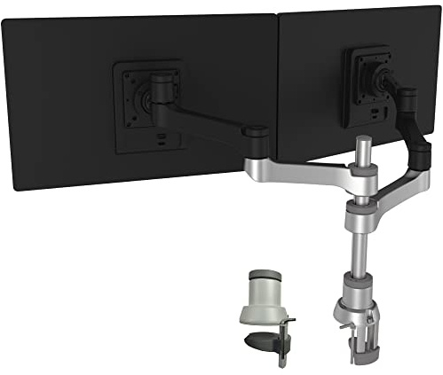 R-Go Tools Zepher 4 C2 nachhaltiger Doppel Monitor Arm, Tischhalterung, Justierbar, nachhaltiger Doppel Monitor Arm, 8 kg Tragkraft, schwarz/silber, geringer CO2 Fußabdruck