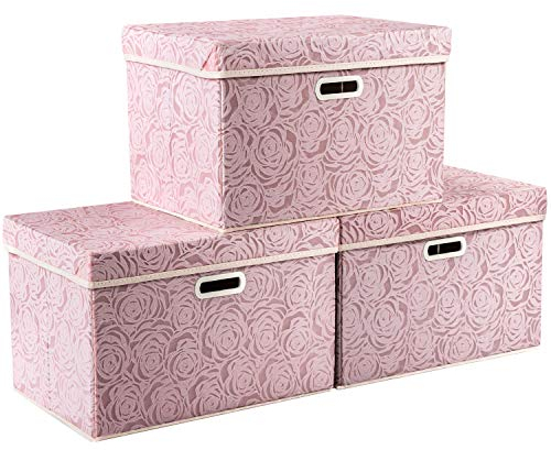 Prandom Storage Boxes with Lids Large.Rose Pattern Fabric Decorative Storage Box, Really Useful Box,Clothing Storage,Cubes Organizers,Collapsible,Stackable,45x30x30cm, Pink[3-Pack]