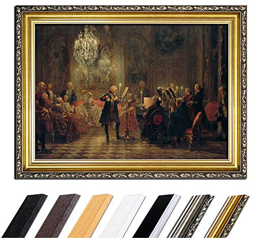 Bilderdepot24 Bild mit Rahmen - Adolph von Menzel Flötenkonzert Friedrichs des Großen in Sanssouci 80x60 cm - Gerahmtes Leinwandbild Alte Meister - Antiker Rahmen Gold Barock, Klassisch