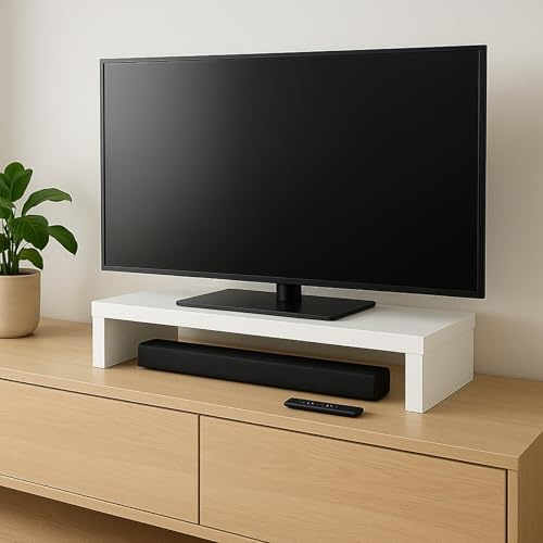 Henor Monitorständer TV-Bildschirmerhöhung in Holz 62 x 26.5 x 12 cm. Unterstützt 50 kg Weiß