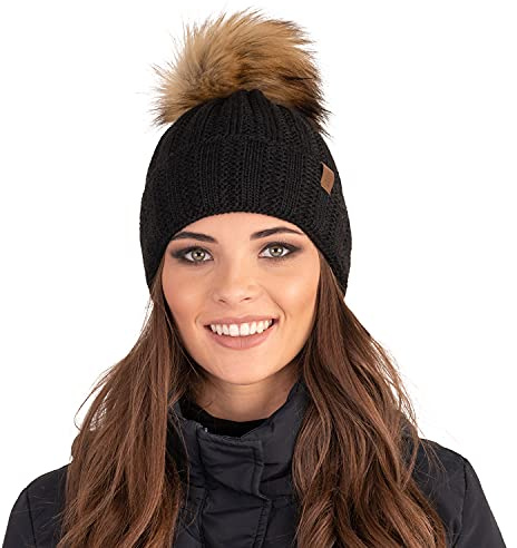 Vivisence Gorro para Damas con Pompón De Piel Sintética Hecho De Tejido Cálido Y Suave Ajuste Ideal para Invierno Y Actividades Al Aire Libre Talla Única Elegante 7019, Negro,Talla Única