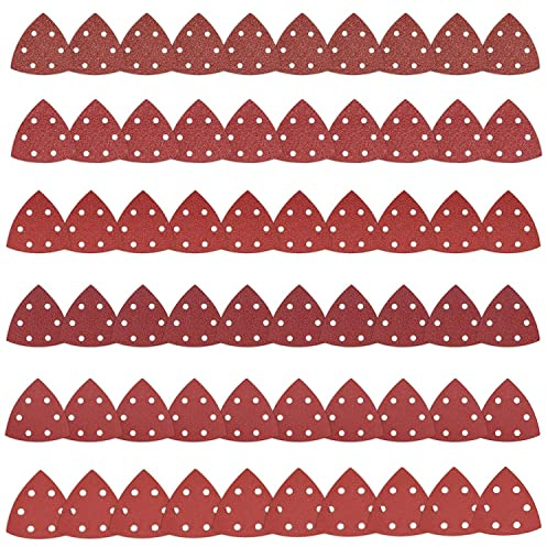 Nutmanel Triangle Sanding Pads, 60 Pack Mouse Sander Pads Sandpaper Sanding Paper with 6 Holes 40/80/120/180/240/320 Grits for Delta Sanders/Multi-Sanders