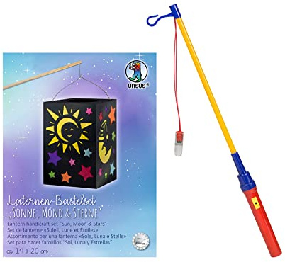 Ursus 2370099 - Laternen Bastelset Sonne, Mond & Sterne, ca. 14 x 20 cm, Set mit Rohling, Laternendeckel und -boden aus schwarzem Fotokarton, Trageb?gel und Bastelanleitung (Sonne + Laternenstab)