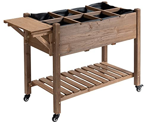 Outsunny - Jardinera de pie con ruedas, estante plegable, insertos de riego, fieltro de drenaje incluido - Madera de árbol pre-engrasado