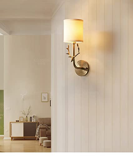 SXYSXYSXY Wandlampe Amerikanischen Kupfer Wandleuchten Vintage Hirsch Nachttischlampe Stoffschirm Modern Wandleuchte Loft Schlafzimmer Wohnzimmer Studieren Wandbeleuchtung E14 D13.5*H39CM