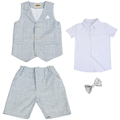 Aroma 4 stycken pojkar shorts sommarklänningar smal passform elegant bröllop fest väst skjorta byxor kläder, GRÅ, 12-24 månader