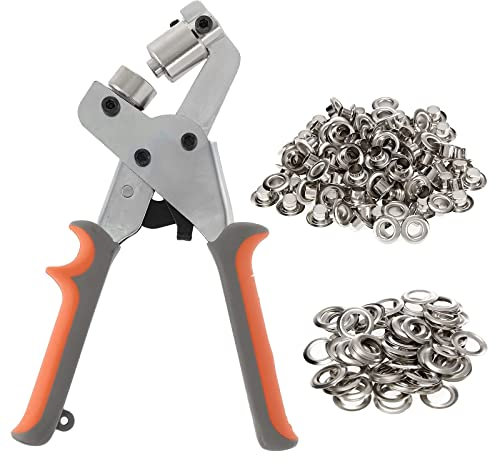 Dyna-Living Grommets Eyelet Punch Kit Punch Pliers Leather Hole Punch Handheld Grommets Punching Machine Press Tool with 500pcs Silver Grommets of 3/8 Inch (10mm) for Tarpaulin,Belts,Poster
