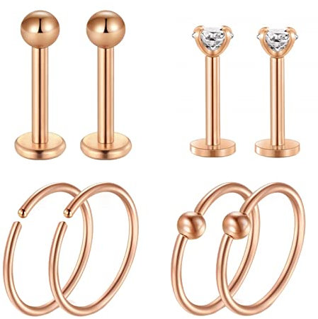 Lieson 8 Stück Nasenring Edelstahl 16G Nasenpiercing Nasenstecker Zirkonia Mit Gerade Stab Piercing Septum Knorpel Tragus Helix Ohrringe Rosegold