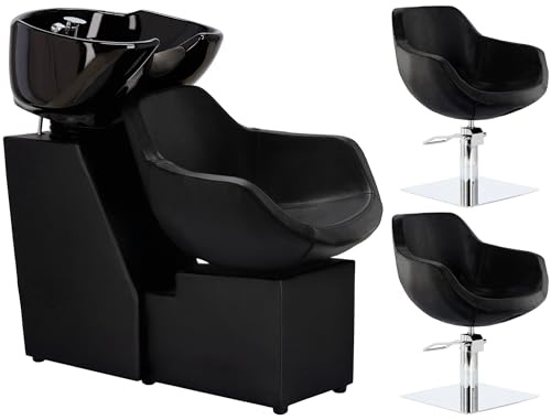 Calissimo Set Model Laura bestehend aus einem Friseurwaschbecken mit einem Keramik Waschbecken inkl. Armaturen und Zwei hydraulischen Friseurstühlen mit Fußstützen bezogen mit Kunstleder
