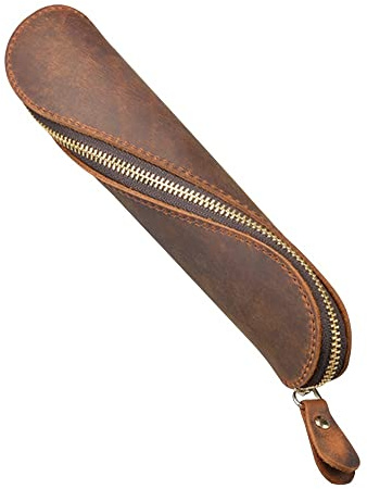Leder Federmäppchen, S-Form Vintage Bleistift Beutel Stifthülle Stifte Etui Stiftehalter Lederetui Stiftetui mit Reißverschluss für Schule, Arbeit, Büro