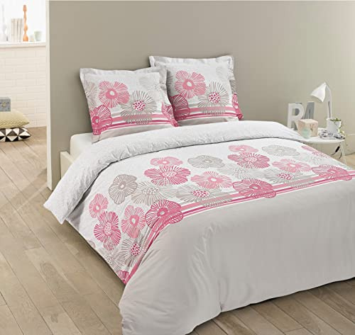 Vision Bettwäsche Flo – 100 % Baumwolle – Beige/Rosa – Bettbezug 260 x 240 cm mit 2 Kissenbezügen für Kingsize-Bett – Naturfasern – Oekotex