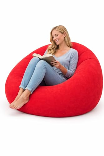 eBoutik - Poltrona a sacco gonfiabile per interni ed esterni, in morbido tessuto felpato, ideale per casa e giardino, giochi, picnic, spiaggia, campeggio (rosso)