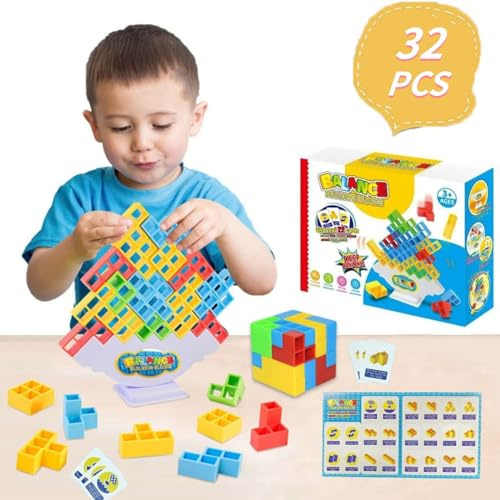 JoyJoyful Tetra Tower Spiel, 32 Pcs Schaukelstapel Hoch Kinder-Balance-Spielzeug, Spiel Kinder, Schaukelstapel Spiel Erwachsene, Tower Balance Spiel, Stapelspiel für Jungen MäDchen ab Jahre 3+