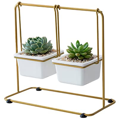 Blumentopf Keramikblumentopf mit Metallregal Weiß Porzellan Pflanzer Topf Schaukel Design Desktop Blumentopf Gartendekor Töpfe für Pflanzen (Color : Gold, Size : B)