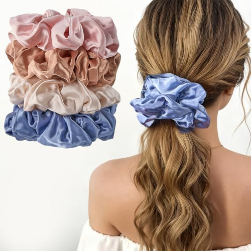 (4 stycken) Lolalet stora hårsnoddar silke scrunchies satin för kvinnor, hårband mjuk elastisk silke skrunschis stor för kvinnor flickor 4 färger – A