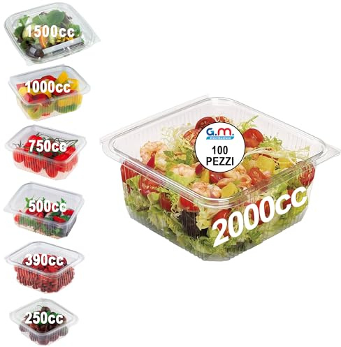 Generico GM 100 Vaschette Quadrate Trasparenti con Coperchio Misura 2000cc, Contenitori Ermetici Per Alimenti in PET, Contenitore Ermetico Per Alimenti MONOUSO, Contenitore Pranzo - Made In Italy
