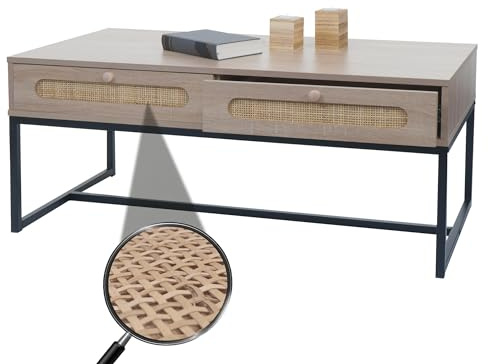 Mendler Couchtisch HWC-M41 Kubu Rattan Holz Melamin Eiche-Optik | Wohnzimmertisch, Tisch, Beistelltisch, Sofatisch, Schublade