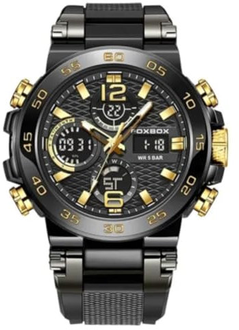 Kara Nicole Mens Diver Sports Wristwatch Digital Analog Quartz LED Waterproof Luxury Watches Duel Time Silicone Strap Black Face and Gold Hands