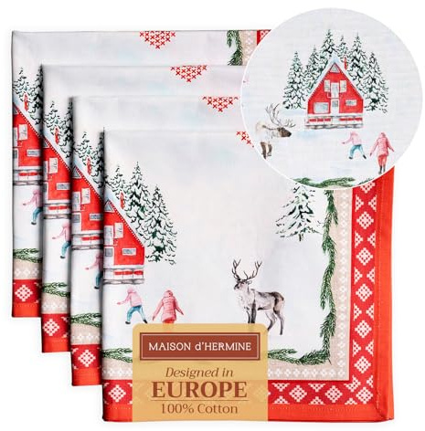 Maison d'Hermine Stoffservietten 100% Baumwolle (45 cm x 45cm, 4er-Set) | Wiederverwendbar, quadratisch, waschbar, ideal für Dinnerpartys, Hochzeiten, Thanksgiving und Weihnachten - Rural Christmas