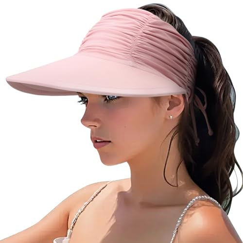 DRESHOW Kvinnor Visir Sol Hatt Bred Brim Hatt Justerbar Vikbar Hästsvans Strand Hatt Sommar UV skydd Utomhus Mössa UPF 50+