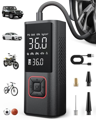 Powools Cordless Tire Inflator 150PSI Portable Air Compressor with Auto Shutoff, Air Pump for Car Tires, Motorcycle, Bike, Balls, Inflatables, LED Light, Red, Large Capacity