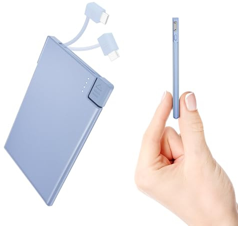 Auskang Batterie externe fine avec câble intégré 2500 mAh, [Version USB C] La batterie la plus légère et le chargeur de téléphone portable le plus fin – Taille de carte de crédit (bleu)