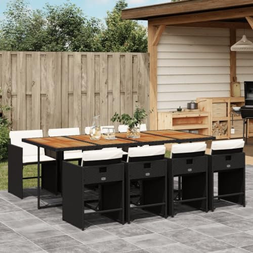 Gecheer 9-TLG. Polyrattan Sitzgruppe,Garten Essgruppe 8 Personen, Rattan Gartenmöbel Set, Balkonmöbel Set, Gartengarnitur Set, Balkon Lounge, Gartentisch Set, Terrassenmöbel Set, Kissen, Schwarz