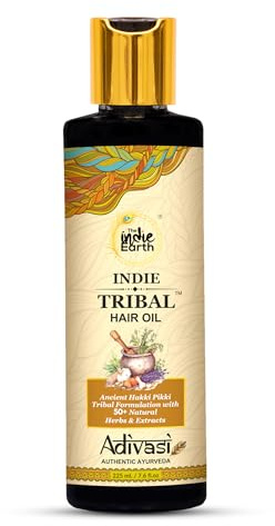 Indie Earth Tribal (Adivasi) hårolja baserad på Hakki Pikki Tribe hårvårdsformel med 50+ potenta ingredienser inklusive Moringa, Bhringraj, hibiskus, Heena, svartfrö och rosmarinolja