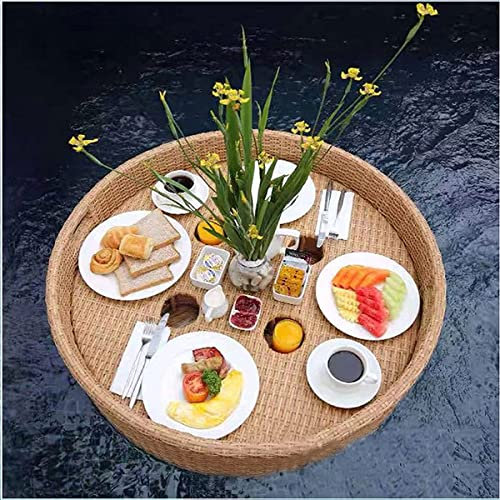 Gewebter schwimmender Tabletttisch aus Rattan, schwarz, 80 x 80 x 20 cm, für Schwimmbadgetränke, Wassernahrungshalter, Kaffeefarben, für Partys im Freien