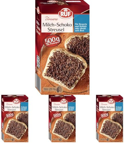 RUF Milch Schoko-Streusel XXL, 500 g Vollmilch Schokoladen-Streusel, aufs Brot, für bunte Plätzchen, Kuchen, Muffins, Pudding & Eis, glutenfrei (Packung mit 4)