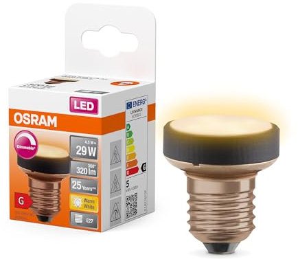 OSRAM Flat Lamp, lampe LED ultra-compacte et plate avec culot E27, remplace les ampoules traditionnelles de 29W, blanc chaud (2700K), économique avec une consommation de 4.5W, dimmable, pack de 1