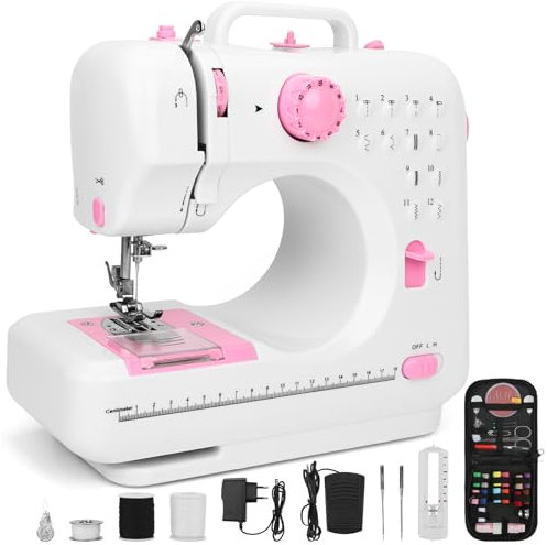 Nähmaschine für Kinder und Anfänger, Zusätzlichem Nähset, 12 Stichmuster, Doppelreihigem Rückwärtsstich mit Zwei Geschwindigkeiten, Vor und Rückwärtsautomatik, LED Licht, Inklusive Fußpedal(505)