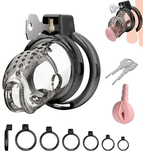 Chastity Cage Männer Peniskafig Keuschheitskafig Herren aus Harz & Premium Silikon mit 6 Penisringen - Ultraleicht & Unsichtbar für SM Fetisch, Fesselspiele und Abstinenz | Cock Cage (M)