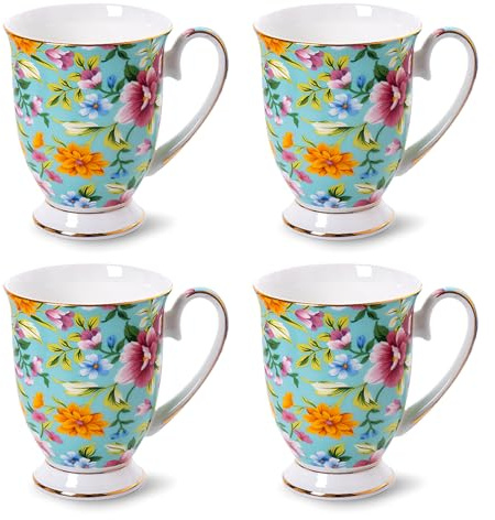MIATTCLD Coffee Mugs, 11oz/312ml, Set of 4, Floral Mugs, Porcelain Bone China, Coffee Cups, Christmas Gifts (Green)