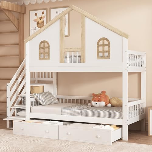 Litera 90x200cm Cama de casa con protección contra caídas Ventana 2 cajones con Ruedas Cama Alta Escalera con 4 Compartimentos de Almacenamiento Individual Pino+MDF Cama Invitados Blanco+Madera