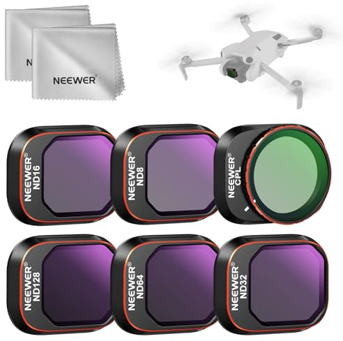 NEEWER ND Filter Set Kompatibel mit DJI Mini 4 Pro, 6 Pack Multicoated HD Optical Glass ND8 ND16 ND32 ND64 ND128 CPL Zirkular Polarizing Neutraldichte Filter Drone Zubehör, 2X Reinigungstuch