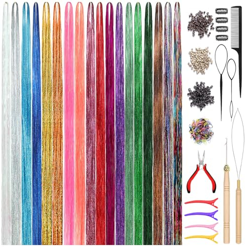 Beanewone Hair Tinsel Set mit 18 Farben, 5000 Strähnen Glitzer Haarsträhnen (120cm lang) mit Werkzeugen und Mikroringen,Farbige Haar Lametta für Frauen, Mädchen und Kinder