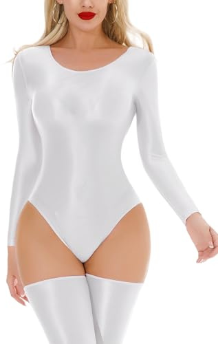 Maeau Dam bodysuit oljig glans babydoll transparent lekdräkt EU M-XL, Vit, M