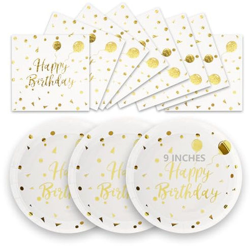 50Pcs Happy Birthday Paper Plates and Napkins, 9 White Gold Disposable Plates for Parties, Paper Dessert Cake Plates, Strong Party Tableware Set 25 Guests for Birthday Decorations