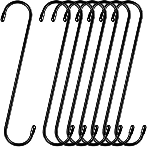 DaylyFav 8 Pack 10 inch Black S Hooks Long Large S-Shaped Hooks for Hanging Plants, Flower Baskets, Stocking Holder, Outdoor Garland Hanger, Heavy Duty Metal Hooks for Pergola,Closet, Garden,Patio