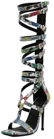 STUPMARY Sandali da donna con punta aperta, con intagli incrociati, lacci e tacco alto, sandali gladiatore con cerniera sopra il ginocchio, stivaletti estivi, Stampa Serpente Colore, 41.5 EU