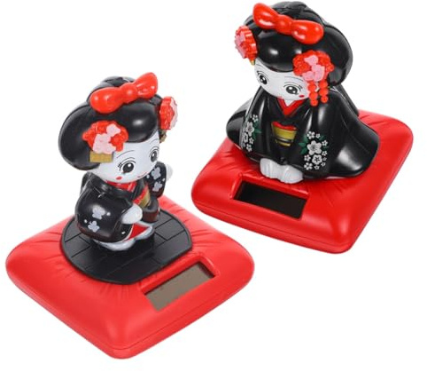 Luxshiny 2 Stück Solarbetriebene Kimono Puppenfigur mit Wackelkopf | Kunststoff mit Solarpanel, Automatische Nickbewegung, für Fahrzeugdekoration und Sammelbereich